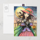 Carte Postale Vents d'Halloween sorcière Tabby Cat Art (Devant / Derrière)