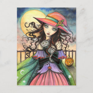 Carte Postale Vents d'Halloween sorcière Tabby Cat Art