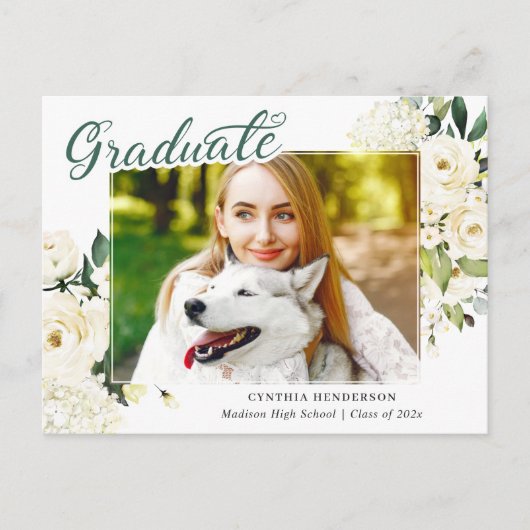 Carte Postale Verdure Blanc Floral Graduation Faire-part (Devant)