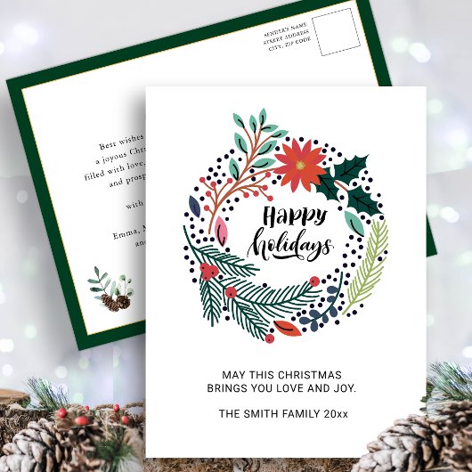 Carte Postale Verdure rustique Poinsettia Rouge Fleur Wreath Chi