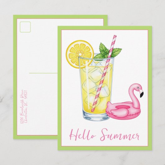 Carte Postale Verre de limonade avec flamant rose (Devant / Derrière)