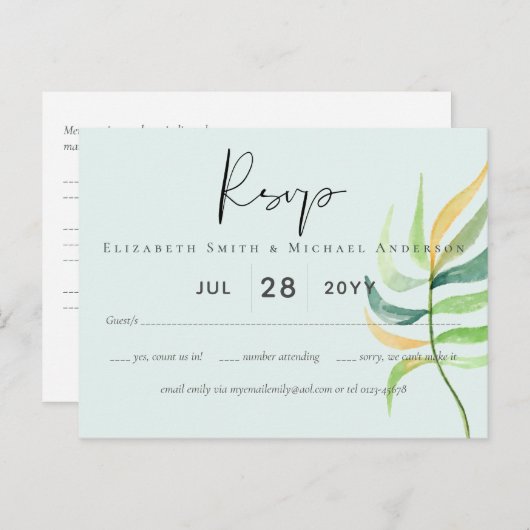 Carte Postale Verre de mer Vert Bleu Mariage de feuille tropical (Devant / Derrière)