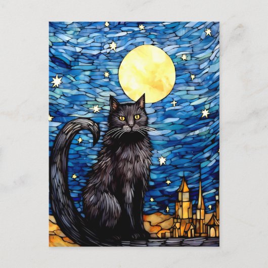 Carte Postale Verre tendu Chat noir Starry nuit (Devant)