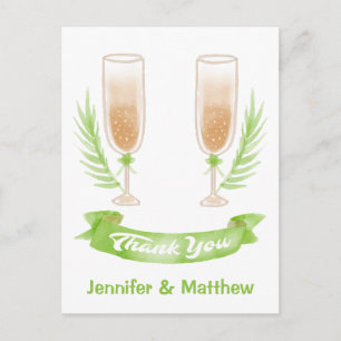 Carte Postale Verres à vin Merci Watercolor Vert Mariage