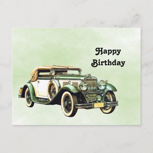 Carte Postale Vert antique Auto Aquarelle Anniversaire (Devant)