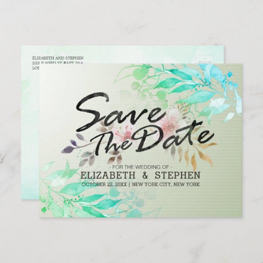 Carte Postale Vert Aquarelle Feuille Mariage Chic Enregistrer La (Devant / Derrière)