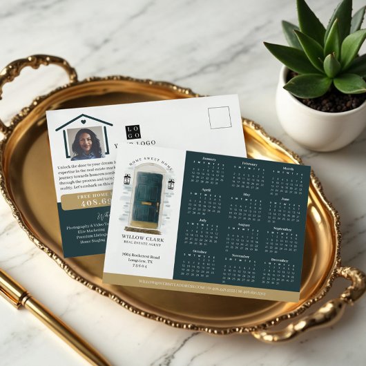 Carte Postale Vert aquarelle Porte Immobilier Calendrier 2025