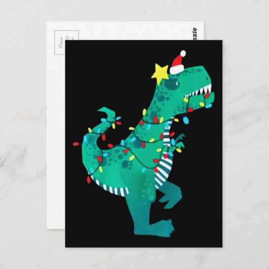 Carte Postale Vert arc-en-ciel Dinosaur Rocher Noël hiver (Devant / Derrière)