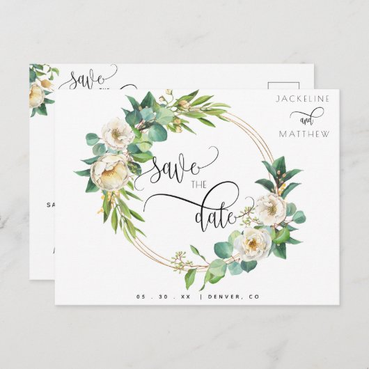 Carte Postale Vert Blanc Jaune Floral Mariage Enregistrer la dat (Devant / Derrière)