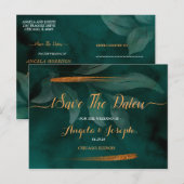 Carte Postale vert émeraude moderne et feuilles Sauvez la date (Devant / Derrière)