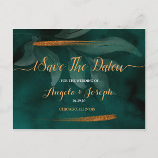Carte Postale vert émeraude moderne et feuilles Sauvez la date