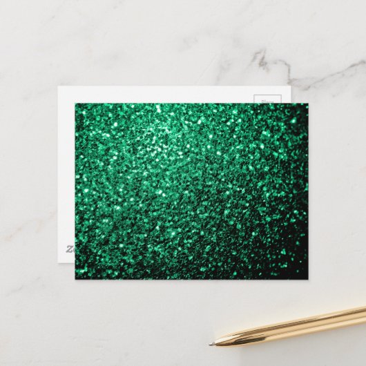 Carte Postale Vert émeraude paillettes scintillantes (Devant/Arrière en situation)