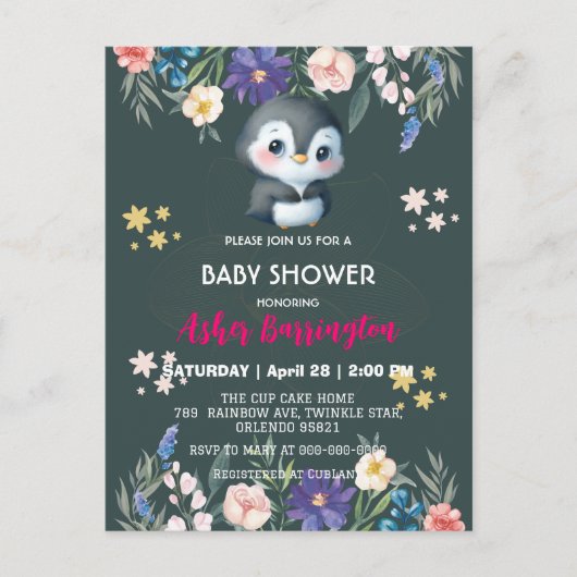 Carte Postale Vert mignon doux fleur de pingouin baby shower enf (Devant)