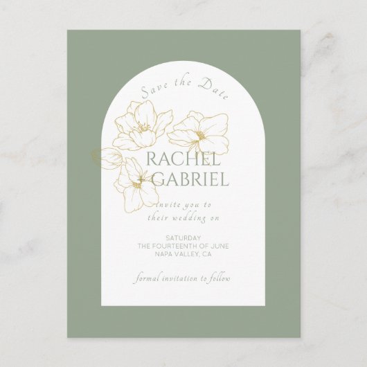 Carte Postale Vert sage | Boho Arch Gold Floral Mariage (Devant)