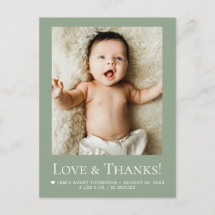 Carte Postale Vert sauge Photo Bébé Amour & remerciements Modern