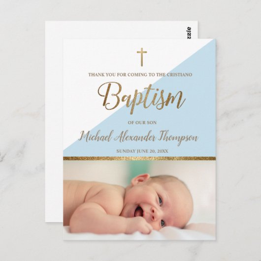Carte Postale Vertical Back bébé garçon photo Cristiano Baptême (Devant / Derrière)