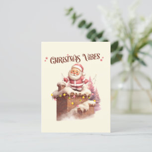 Carte Postale Vibes de Noël rose Père Noël
