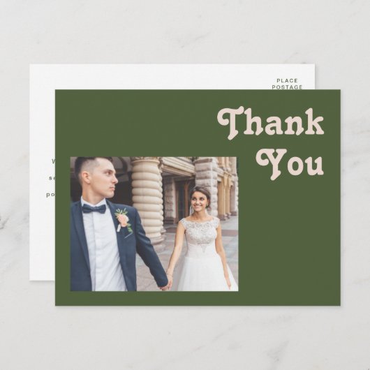 Carte Postale Vibes rétro simples | Merci Mariage vert olive (Devant / Derrière)