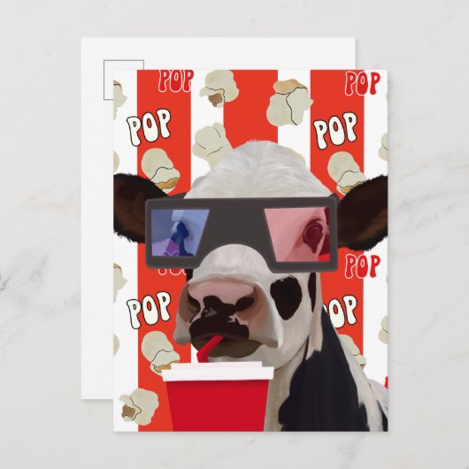 Carte Postale Vibes rétro Whimsical Popcorn Lover Cow (Devant / Derrière)