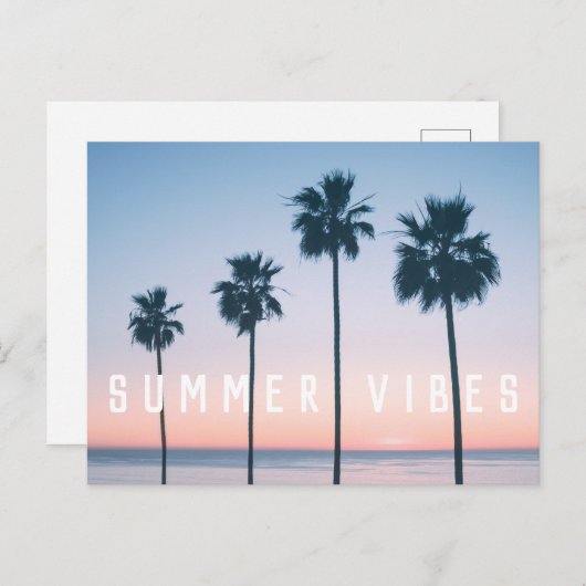 Carte Postale Vibes tropicales d'été rose et bleu Palm Tree couc (Devant / Derrière)