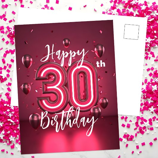 Carte Postale Vibrant Chic Neon Rose 30e Anniversaire avec Ballo