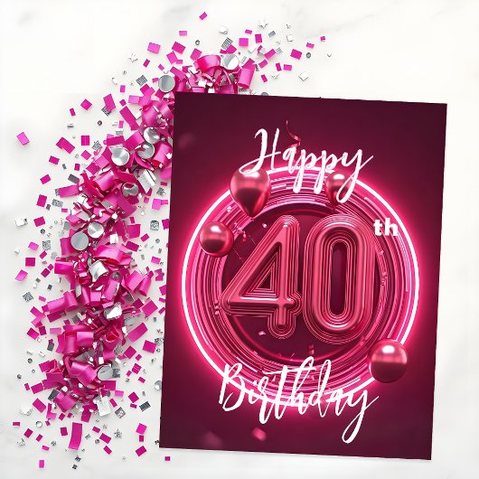 Carte Postale Vibrant Chic Néon Rose 40e Anniversaire
