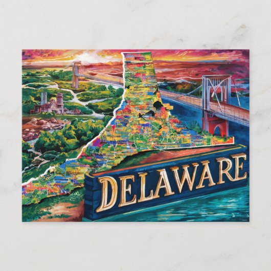 Carte Postale Vibrant Delaware Map Art (Devant)