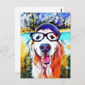 Carte Postale Vibrant Golden Retriever Nerd lunettes Peinture (Devant / Derrière)