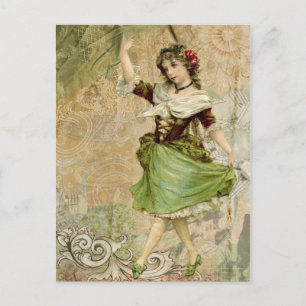Carte Postale Victorian Dancing Girl Green Red Rose