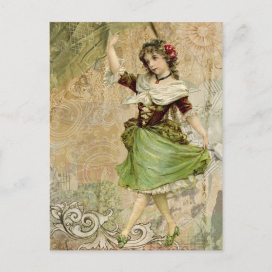 Carte Postale Victorian Dancing Girl Green Red Rose (Devant)