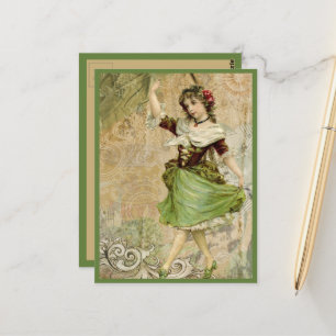 Carte Postale Victorian Dancing Girl Green Rose rouge