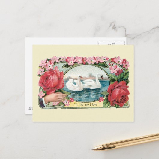 Carte postale Victorian Friendship Roses et Swans (Devant/Arrière en situation)