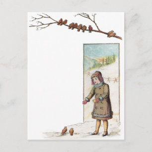 Carte Postale Victorian Girl Nourrir des oiseaux en neige