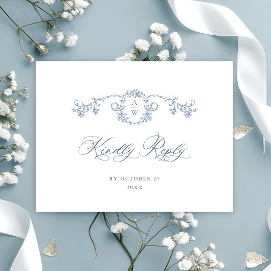 Carte Postale Victorian Ornate Grace Floral Blue Wedding RSVP