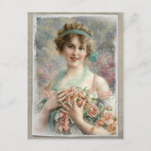 Carte Postale Victorian Woman w/ Roses on Watercolor Postcard