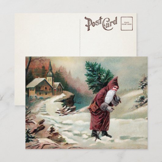 Carte postale victorienne du Père Noël avec arbre (Devant / Derrière)