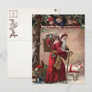 Carte postale victorienne du Père Noël avec chèvre