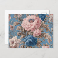 Carte Postale Victorienne Pastel Bleu Et Fleurs Ro