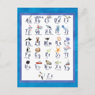 Carte Postale Vie marine Animaux océaniques Alphabet Aquarelle