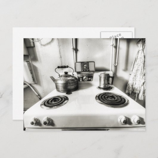 Carte Postale Vieille cuisinière avec bouilloire à thé Antique S (Devant / Derrière)