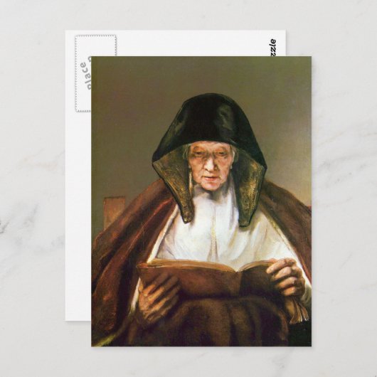 Carte Postale Vieille femme, lecture par Rembrandt (Devant / Derrière)