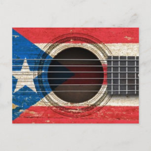Carte Postale Vieille guitare acoustique avec drapeau Porto Rico