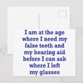 Carte Postale Vieillesse : Fausses dents, aide auditive et lunet (Devant / Derrière)