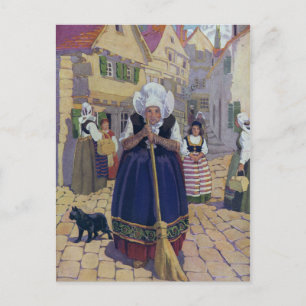 Carte Postale Vielle Femme, Chat et Broom Nursery Rhyme