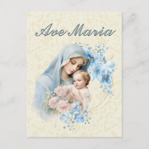 Carte Postale Vierge catholique Marie Jésus Bleu Floral Ave Mari