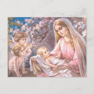 Carte Postale Vierge Marie et Bébé Jésus avec anges priants