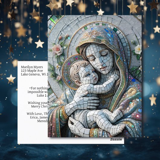 Carte Postale Vierge Marie et bébé Jésus | Statue mosaïque