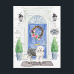 Carte Postale Vieux anglais Sheepdog Moving Faire-part<br><div class="desc">Annoncez votre nouvelle adresse avec notre faire-part élégante avec un vieux chien anglais,  porte d'entrée bleue,  tapis de bienvenue,  ardoise,  topiaires et une couronne fleurie sur un arrière - plan en brique grise.</div>