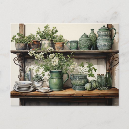 Carte Postale Vieux Cuisine en Bois Plateau Vert Blanc Plats (Devant)