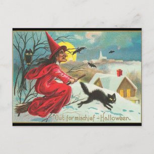 Carte Postale Vieux Halloween sorcière, vol, Kitty noir